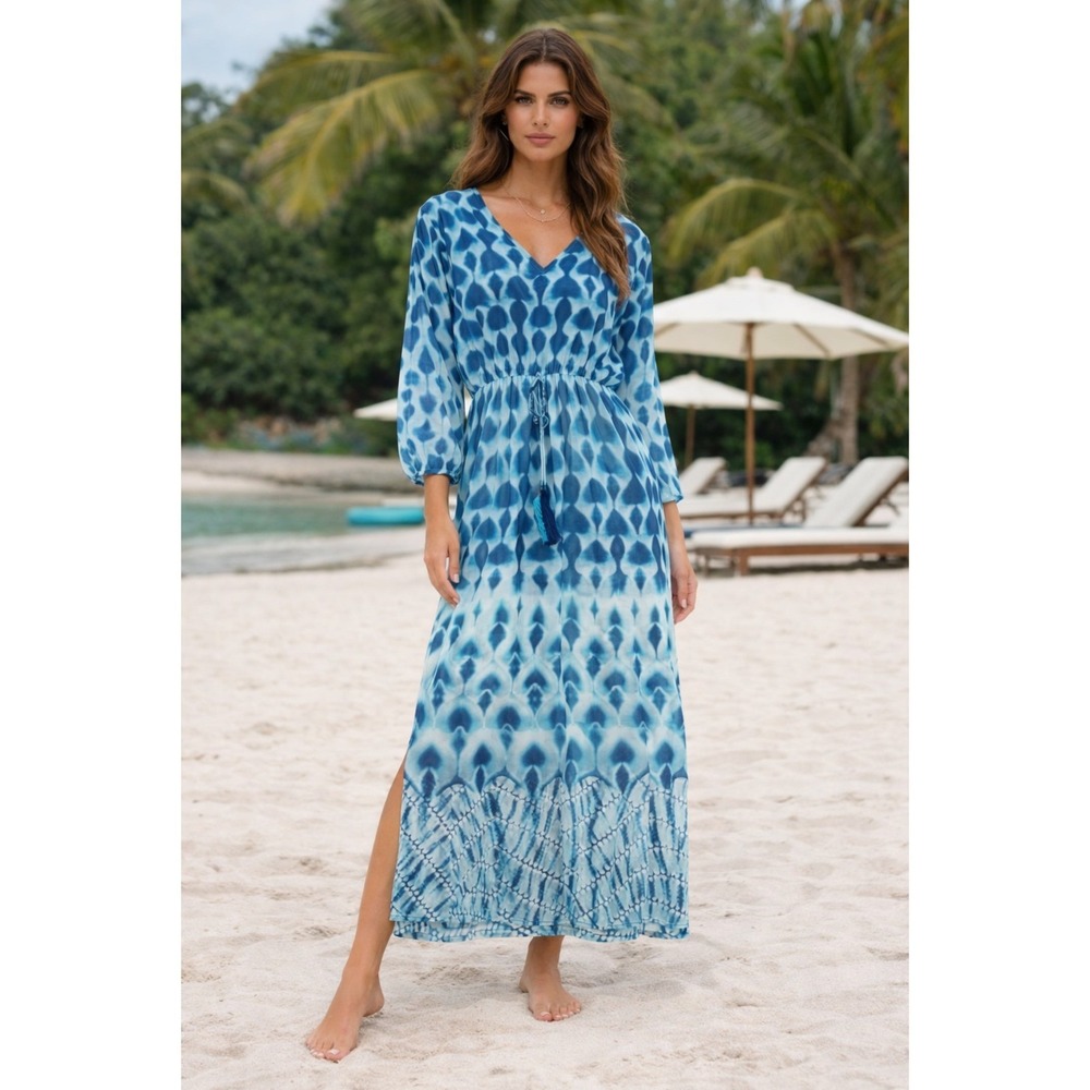 Amita Naithani‎ Luxury Resort CoverUp Dress Multi Tie Dye Blue Ikat Print Size S